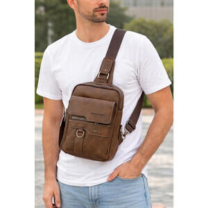 WEIXIER Brown Leather Crossbody Messenger Bag Men Zip Pockets Adjustable Strap